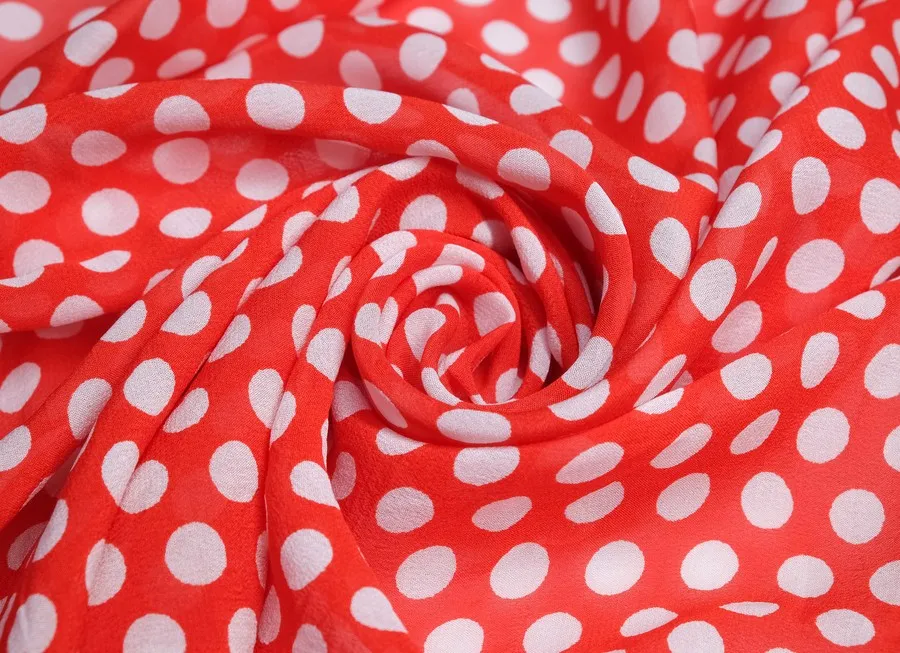 Ткань шифон с принтом горох красно-белый ш 1м (шелк 100%) 