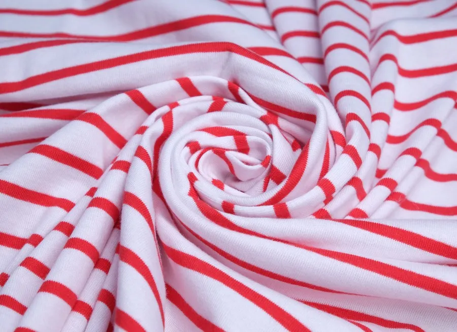 Ткань трикотаж полоска бело-красный ш 1,8 (хлопок 98% эл 2%)