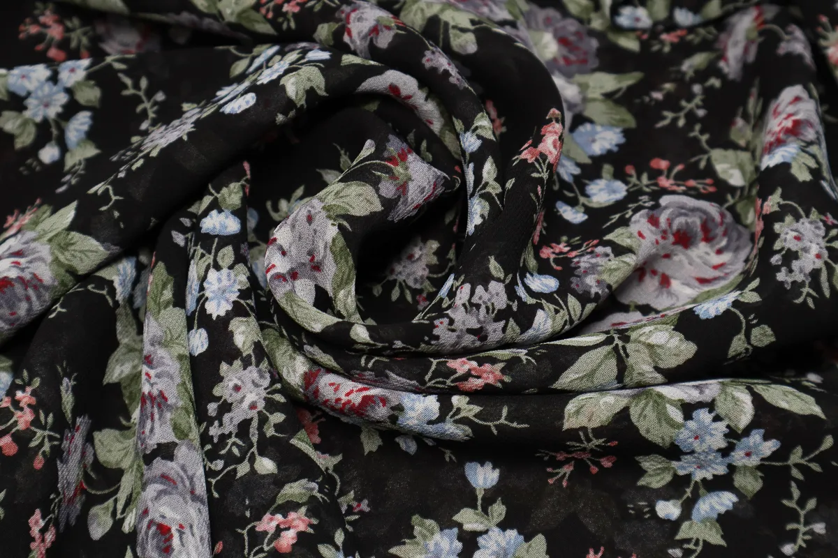 Ткань шифон принт цветы черный ш 1,5 (пэ 100%) 