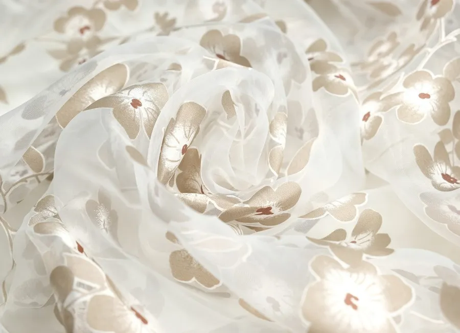 Ткань органза-жаккард цветы коричневые белый ш 2,7 (пэ 100%)