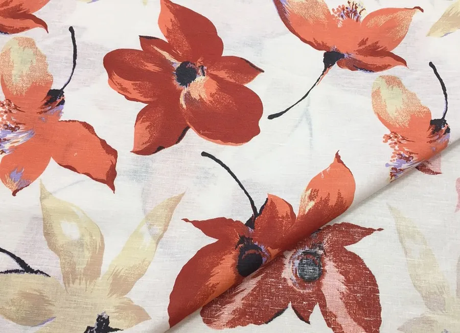 Ткань лен цветы крупные красные бежевые белый ш 1,5 (лен 100%)