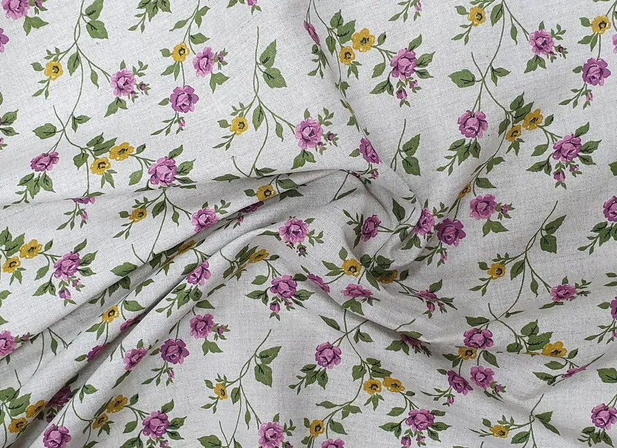 Ткань лен цветы желтые фуксия бежевый ш 1,5 (лен 100%)