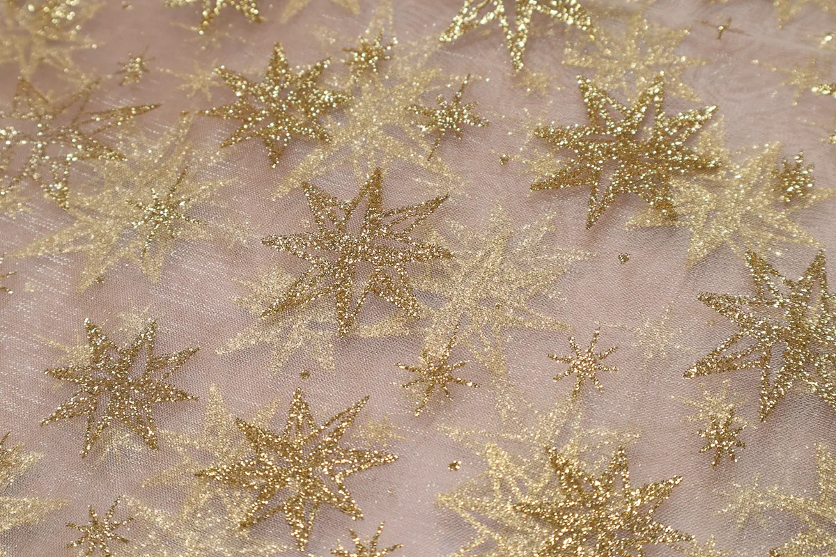 Ткань органза набивная звезда золото ш 1,5 (пэ 100%)