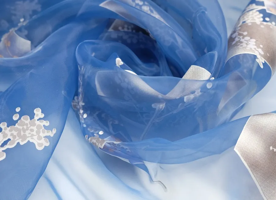 Ткань органза набивная веточки бежевые синий ш 2,7 (пэ 100%)