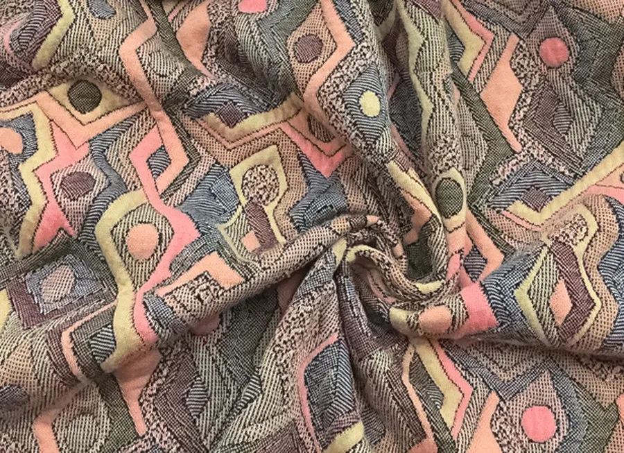 Ткань трикотаж стежка орнамент розово-бежево-зеленый ш 1,5 (хлопок 50% пэ 50%)