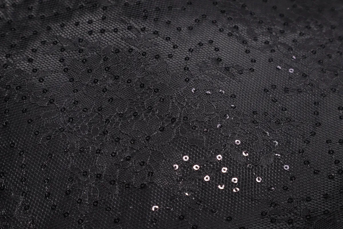 Ткань кружевная на органзе с пайетками черный ш 1,3 (пэ 100%)